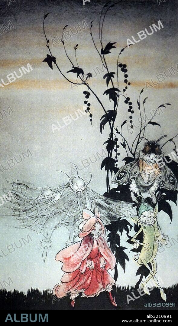 Peaseblossom, cobweb, Moth, Mustardseed, the fairies who attended Titania in A Midsummer Night's Dream by Arthur Rackham (1867-1939) an English book illustrator. Dated 20th Century.