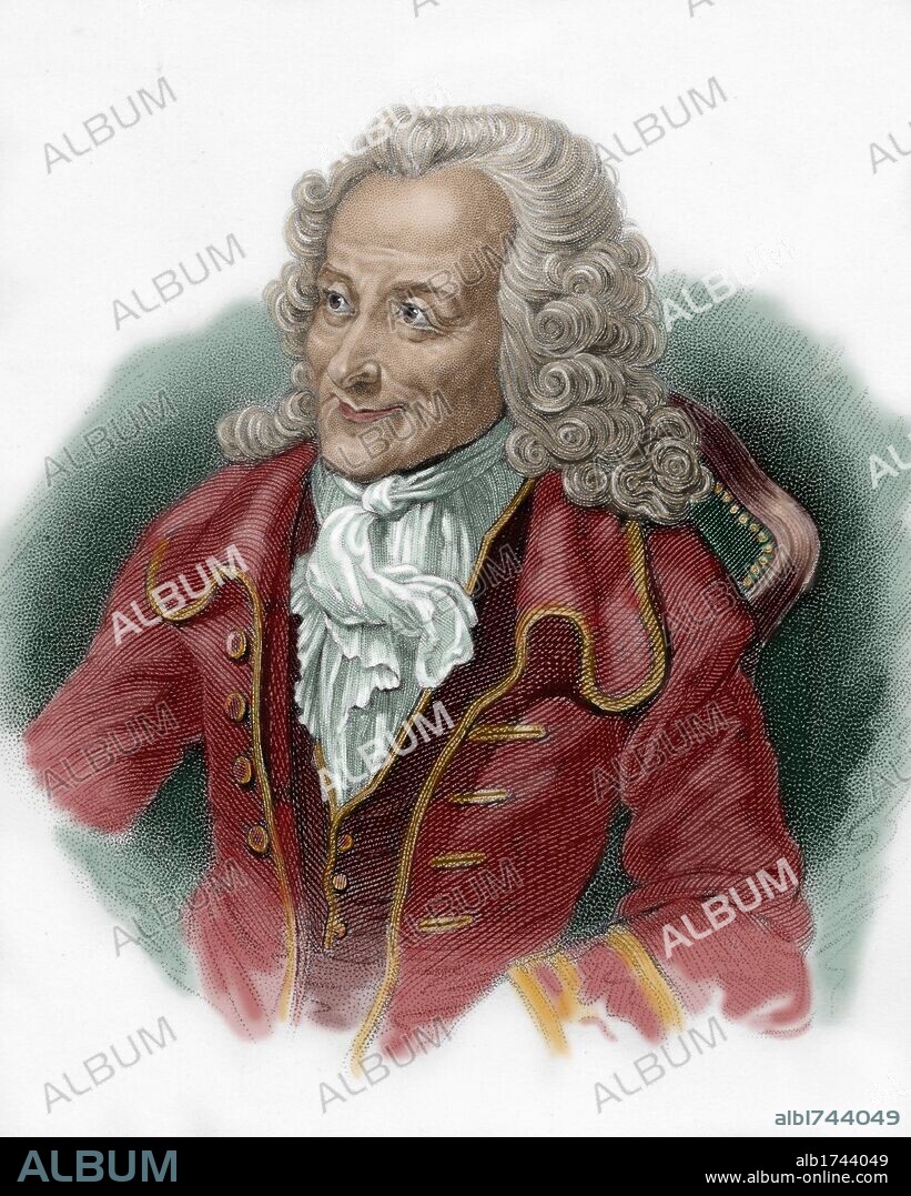 VOLTAIRE, François Marie Arouet, llamado (París, 1694-1778). Escritor francés. Fue uno de los grandes pensadores de la "Ilustración" y uno de los personajes que más influyeron en la Revolución Francesa. Grabado coloreado.