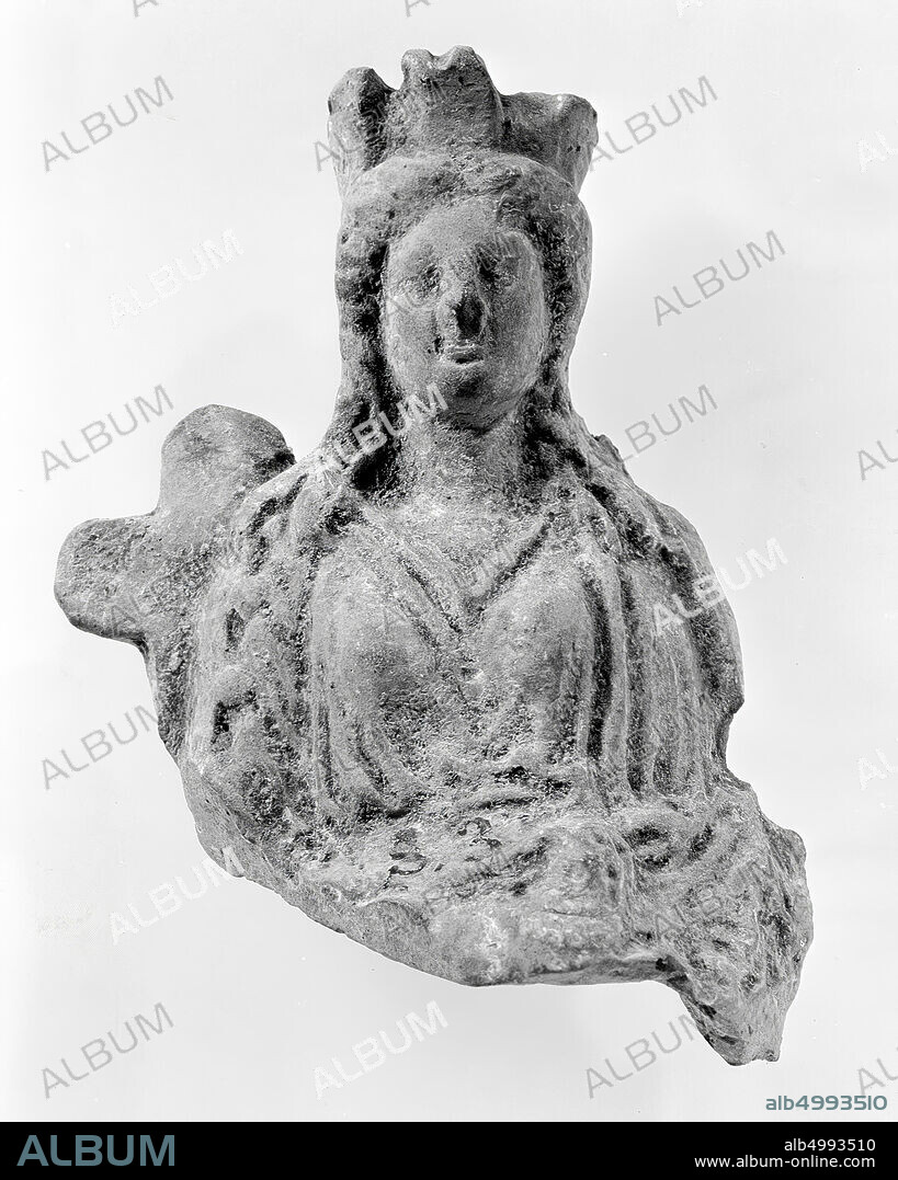 Ionic classic teracotta figurine fragment of a seated Cybele or Tyche with long hair and a tilting crown on the head. Only the upper part is preserved., Figurine, fragment, head, earthenware, terracotta, 8.1 cm, classic -460.
