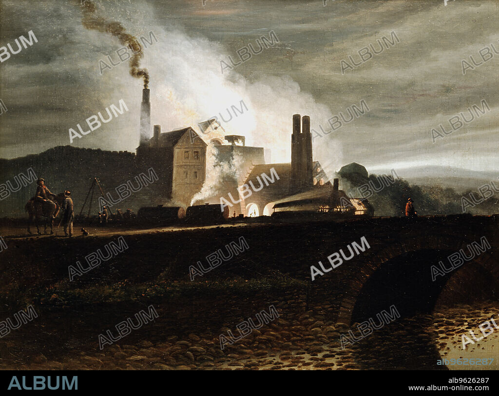 PENRY WILLIAMS. Industrial landscape, Wales, 19th century. An ironworks at night, the blast furnace in the centre.