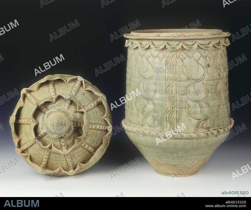Celadon glazed burial jar with cover, Ly dynasty, Vietnam, 11th-mid 12th century. A large celadon covered jar with cover. The cover has a lotus bud knob and two bands of applied vertical lotus petals in high relief. The jar has a large central band of applied and relief decoration of figures and architectural features.