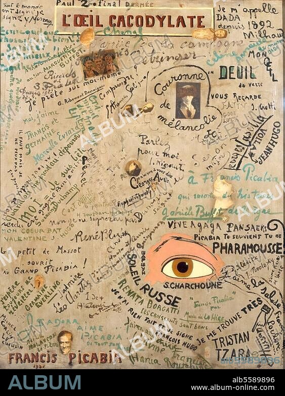 FRANCIS PICABIA. Picabia, Francis (born Francis-Marie Martinez de Picabia), 1879 -1953, French avant-garde painter and poet. "L'Œil cacodylate" (The Cacodylic Eye), 1921. Oil on canvas, collage, 148.6 × 117.4 cm. Centre Georges Pompidou, Paris, France.