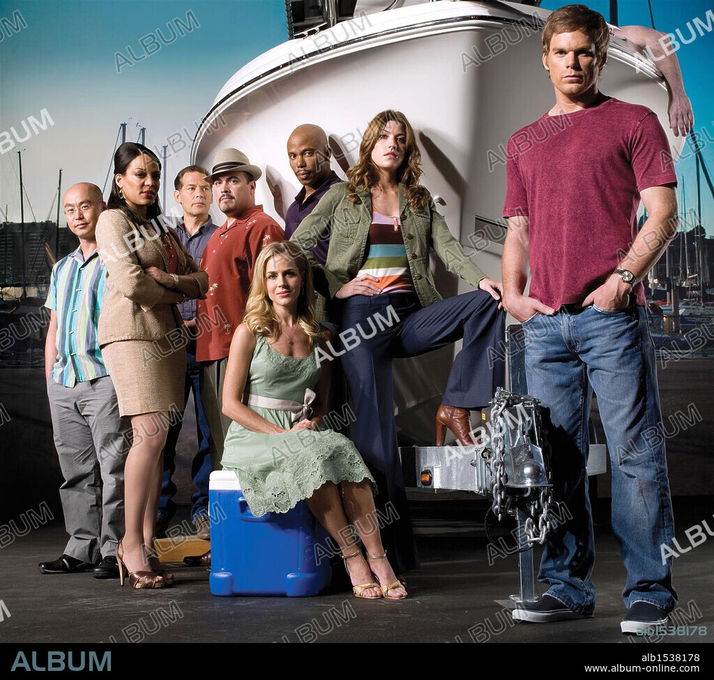 C. S. LEE, DAVID ZAYAS, JENNIFER CARPENTER and MICHAEL C. HALL in DEXTER, 2006, directed by KEITH GORDON and MARCOS SIEGA. Copyright SHOWTIME.