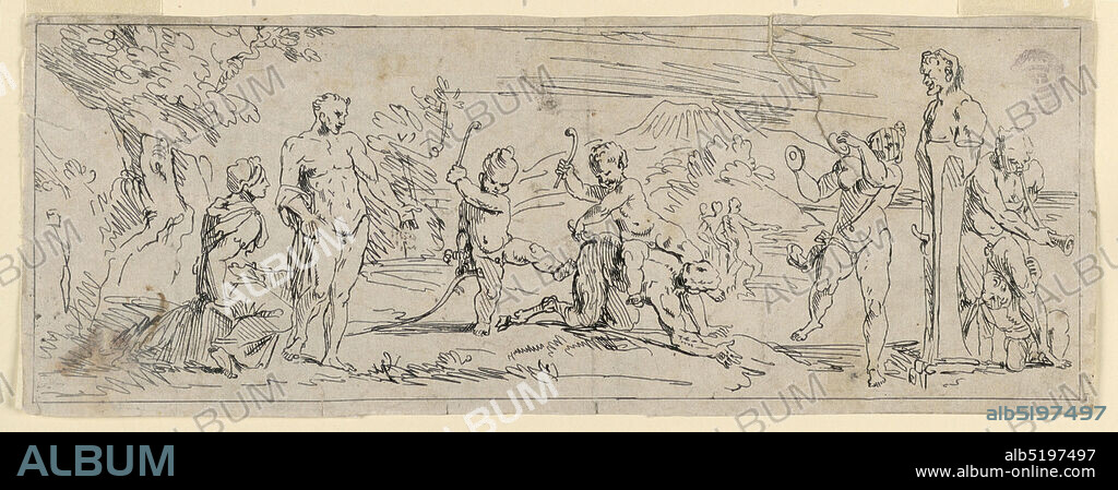 Children Playing With a Satyr, Raymond Lafage, French, 16561684, Engraving on paper, In the center, a child riding on a kneeling satyr. Another child kicks the satyr. At right, a bacchante dances in front of a herm. Several other figures around. At left, trees; in background a mountain., France, ca. 1680, Print, Print.