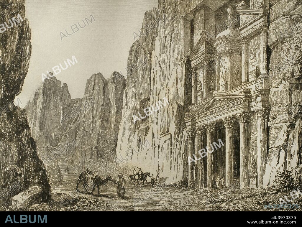 Historia de Jordania. Petra. Vista de El Tesoro (Al Khazné). Grabado. Panorama Universal. Historia de la Arabia, 1851. Biblioteca Histórico Militar de Barcelona. Cataluña. España.