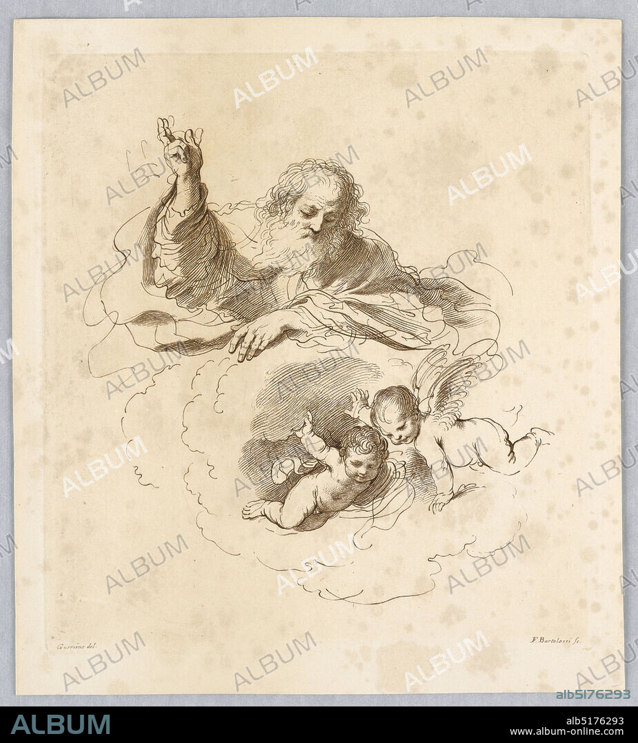 The Almighty in the Clouds, with Two Boy Angels, Francesco Bartolozzi, Italian, active England, 17271815, Giovanni Francesco Barbieri (called Guercino), Italian, 1591 1666, Engraving in brown ink on white paper, God, with his right hand raised in blessing, looks over the rim of a cloud to two putti below., Italy, ca. 17601770, Print, Print.