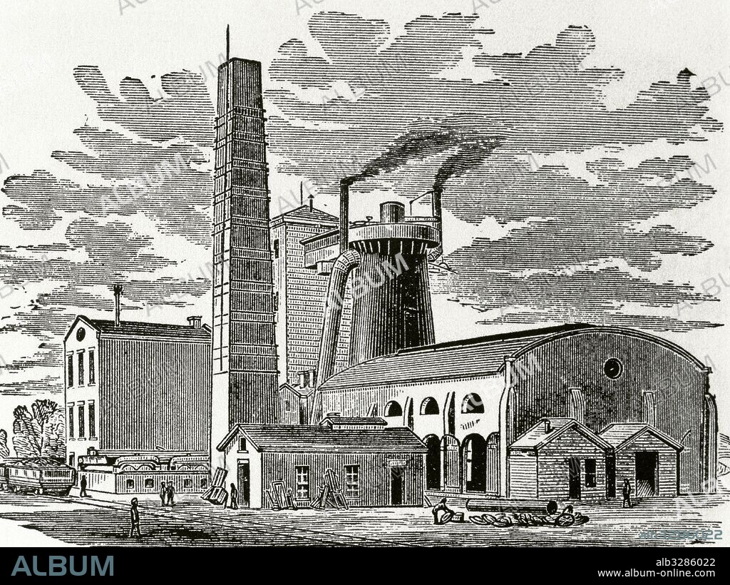 Historia de los Estados Unidos. Fábrica "Ashland" en el año 1876. Estado de New Jersey. Grabado del siglo XIX.