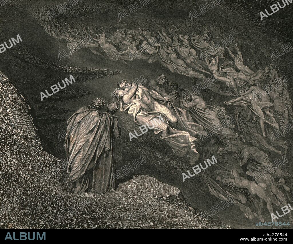 PAUL GUSTAVE DORÉ. 'Love brought us to one death: Caina waits the soul, who split our life', c1890. Dante and the Roman poet Virgil. Illustration from "The Vision of Hell" (Inferno), the first part of "The Divine Comedy" (La divina commedia) by Dante Alighieri. This long, narrative poem, written in Italian c1308-1321, tracing Dante's imaginary journey from Hell, through Purgatory and finally to Heaven and a beatific vision of God, has been published numerous times. This edition, published late 19th century, is illustrated by Gustave Dore. [Cassell Petter & Galpin, c1890].