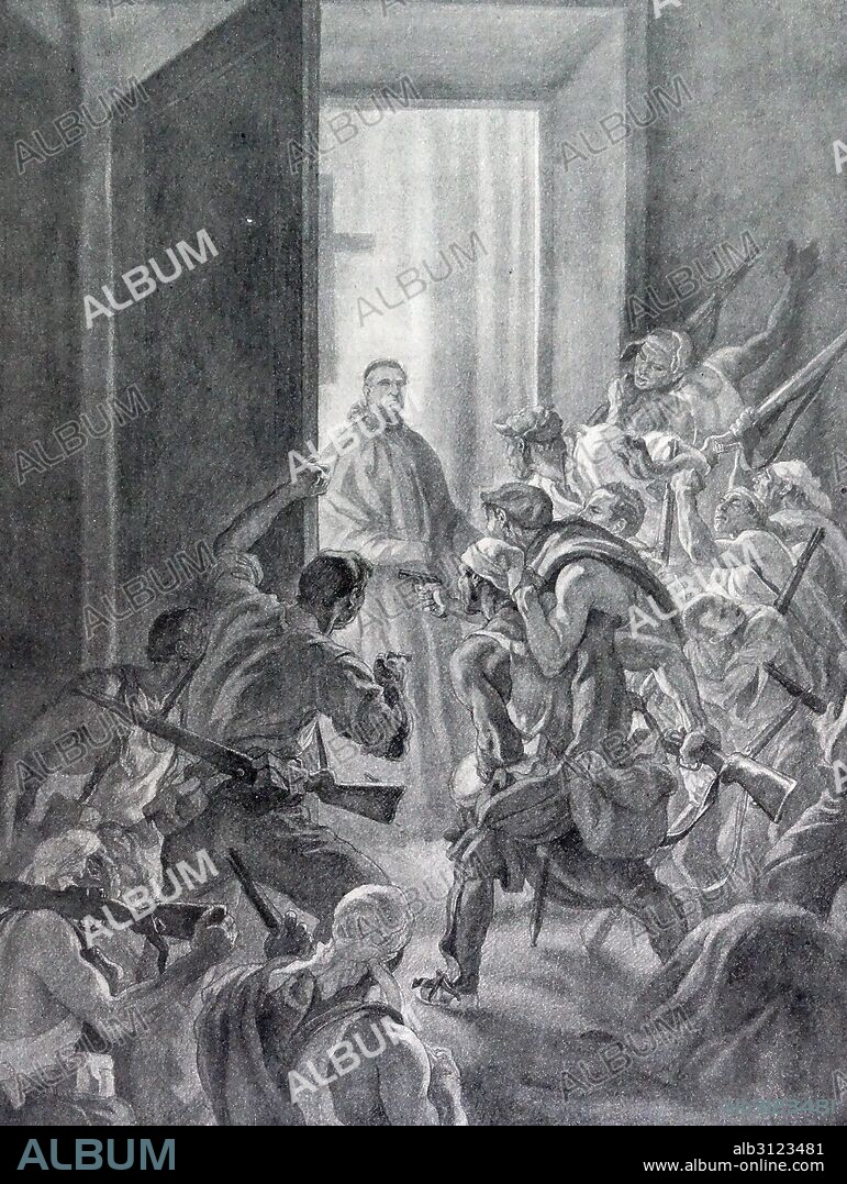 Catholic priest mobbed by an anarchist riot in the Spanish Civil War. By Carlos Saenz de Tejada (1897 -  1958) Spanish painter and illustrator; identified with the Nationalist (Fascist) side in the Spanish Civil War.