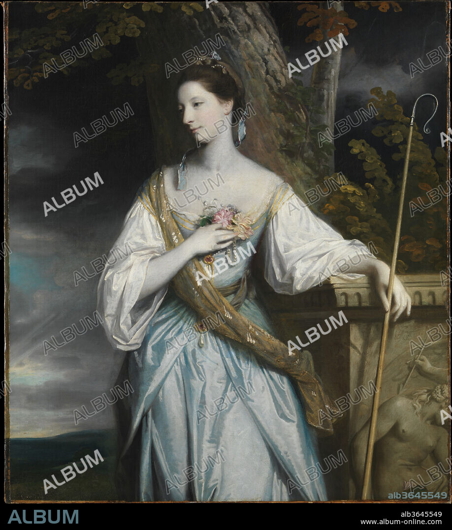 Anne Dashwood (1743-1830), Later Countess of Galloway. Artist: Sir Joshua Reynolds (British, Plympton 1723-1792 London). Dimensions: 52 1/2 x 46 3/4 in. (133.4 x 118.7 cm), with strip of 7 1/8 in. (18.1 cm) folded over the top of the stretcher. Date: 1764.
The sitter was the daughter of Sir James Dashwood, Member of Parliament for Oxford (whose portrait by Seeman is in the Aitken Galleries). She sat for Reynolds four times in the month preceding her marriage on June 13, 1764, to John Stewart, Lord Garlies, later seventh earl of Galloway. The artist presents her in the traditional guise of a shepherdess with a crook, but wearing a fashionable gauze scarf, rubies, and pearls.
Her pallor may in part be accounted for by the fact that the flesh tones have faded.