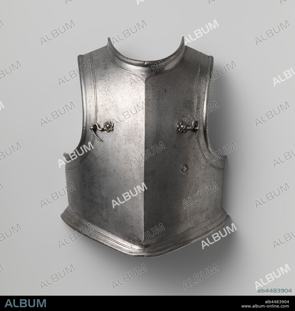 Breastplate of a harquebusier's armor for a young man, Breastplate of a harquebusier's armor for a young man. Probably a Dutch armor with a stadtholder background. Typical Dutch elements are the decorated rivets of the swivel hooks and the flattened surface of other rivets, as well as the 'striped' edges of the neck and armholes. The brace-shaped lines on the breastplate and the slight kink in the middle of the neck collar are also features that are often seen on Dutch harnesses. The rosette-shaped decoration around the rivets still shows traces of gilding in a number of places. No remains of black paint are visible. Unclear if and when the paint was removed. Such armor was generally black in the seventeenth century. This was done by heating or by applying a black coat of paint. Collar is missing., anonymous, c. 1610 - c. 1620, iron (metal), h 33 cm × w 30 cm.