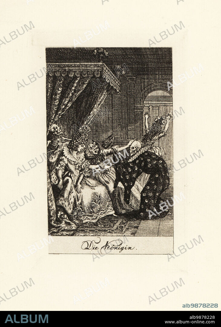 Two skeletons of Death come for a queen on her throne. One skeleton wears a ruff collar and cape and holds a hourglass. A lady-in-waiting tries to protect the Queen. Die Konigin. Copperplate engraving drawn and etched by Daniel Nikolaus Chodowiecki from a series of Dance of Death, originally published in the Lavenburg Calendar in 1792. Reprinted in Totentanz from the original copperplates by Walther Nithack-Stahn, Eigenbrodler Verlag, Berlin, 1926.