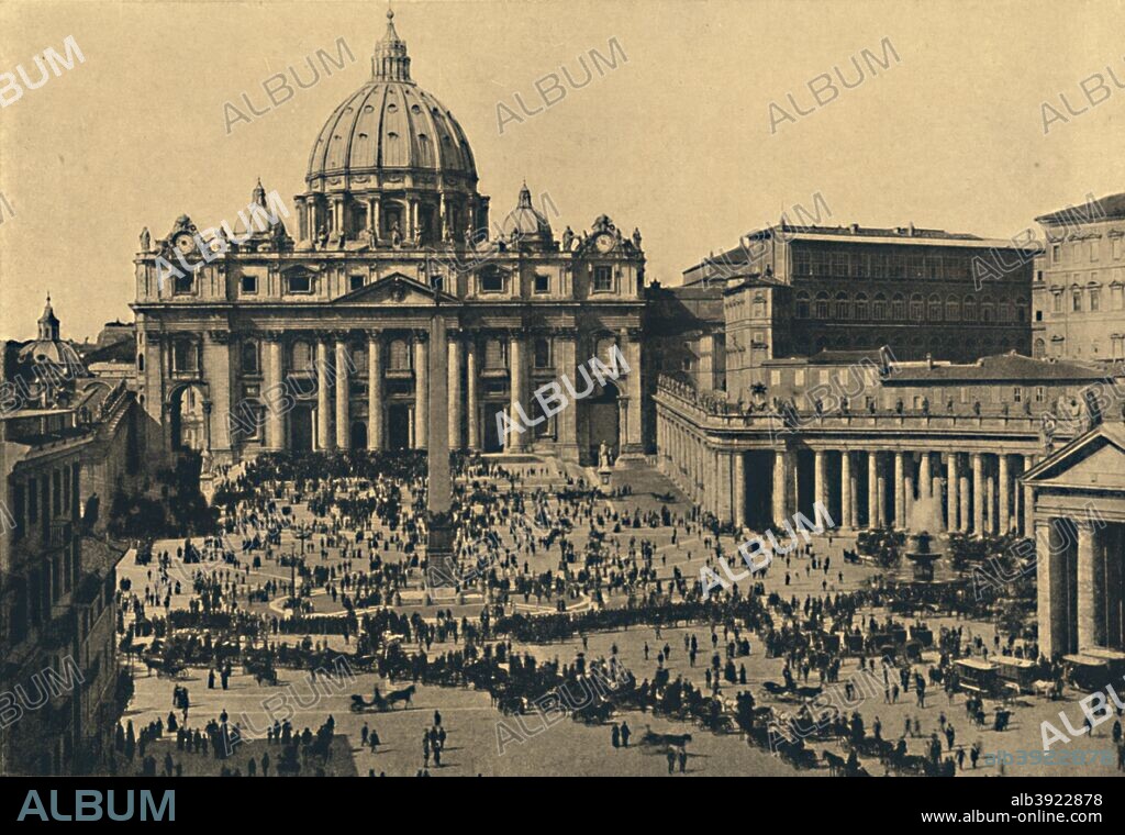 'Roma - Facade and Dome of S. Peter's', 1910. An Italian Renaissance church in Vatican City, the papal enclave within the city of Rome. From Cento Vedute Classiche di Roma. [Enrico Verdesi, Rome, 1910].