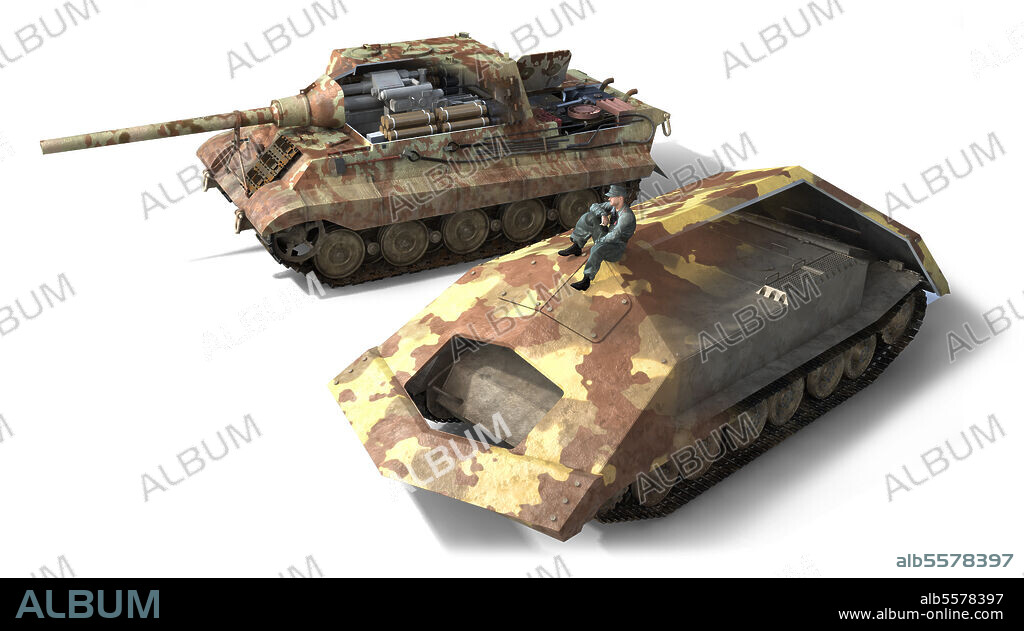 In this image we can see two German vehicles derivated of Tiger tanks. First, the Jagdpanzer Jagdtiger, a heavy tank destroyer with a 12,8 cm gun based on a Tiger II chassis, and the strange RammTiger, a ram-tank based on a Tiger (P) chassis.