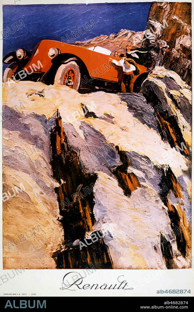 Publicite de 1936 pour les voitures RENAULT representant des automobilistes dans une montagne. Credit : Collection KHARBINE-TAPABOR.