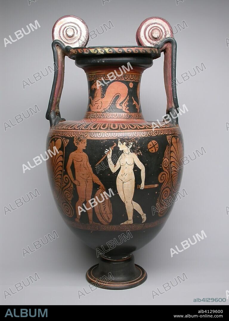 ANCIENT GREEK. Amphora (Storage Jar). Faliscan; Latium, Italy. Date: 400 BC-301 BC. Dimensions: 62.2 × 29.2 × 28.9 cm (24 1/2 × 11 1/2 × 11 3/8 in.). Terra-cotta, decorated in the red-figure technique. Origin: Central Italy.