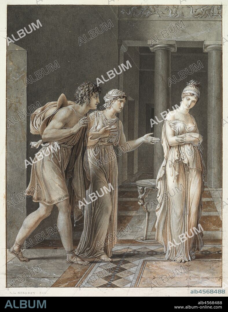 The Meeting of Orestes and Hermione, c. 1800. When Jacques-Louis David was approached to work on a new edition of Jean Racine?s plays, the great Neoclassical artist passed the task to his pupil Girodet, who excelled at illustrating literature. This highly refined drawing depicts a scene from Racine?s  Andromaque,  a complex tale of unrequited love and political treachery. Cléone introduces the love-blind Orestes to Hermione, who exploits his affection to make him do her bidding. Girodet skillfully contrasts Orestes?s eagerness and Hermione?s calculating character. With folded arms, she turns away, standing like a statue between the columns of a cool marble interior. Yet Hermione?s sly, backward glance alerts the viewer of her cunning manipulation, which eventually drives Orestes mad.