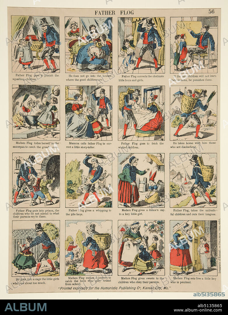 Artist: Imagerie Pellerin, founded 1796, Épinal, France, Father Flog (16 images with inscriptions), Hand-colored wood engraving, Image: 35.6 × 26.6 cm (14 × 10 1/2 in.); Sheet: 39.6 × 30 cm (15 9/16 × 11 13/16 in.), Made in France, French, 19th century, Works on Paper - Prints.