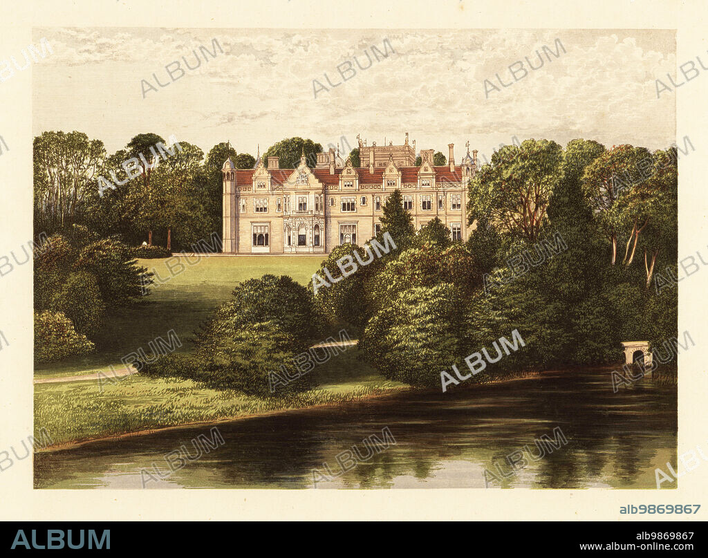 Keele Hall, Staffordshire, England. Jacobean Revival-style house built by architect Anthony Salvin for Ralph Sneyd in gardens landscaped by William Emes in the late 18th century. Colour woodblock by Benjamin Fawcett in the Baxter process of an illustration by Alexander Francis Lydon from Reverend Francis Orpen Morriss Picturesque Views of the Seats of Noblemen and Gentlemen of Great Britain and Ireland, William Mackenzie, London, 1880.