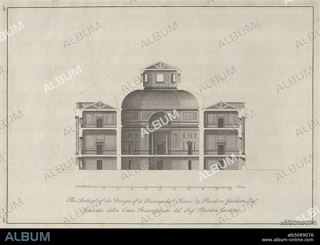 The Section of the Design of a Triangular House by Theodore Jacobsen Esqr., Paul Fourdrinier, French, after Theodore Jacobsen, died 1772, British, undated, Etching on moderately thick, slightly textured, cream laid paper, Sheet: 10 7/8 x 16 1/4 inches (27.7 x 41.2 cm), Plate: 9 11/16 x 13 9/16 inches (24.6 x 34.4 cm), and Image: 9 5/16 x 13 1/8 inches (23.7 x 33.3 cm), arches, architectural drawing, architectural subject, columns, cross section, cupola, design, elevation (drawing), house, measurement, Neo-Classical, pediments, plan (drawing), reliefs, scale (rule), statues, triangular, windows.