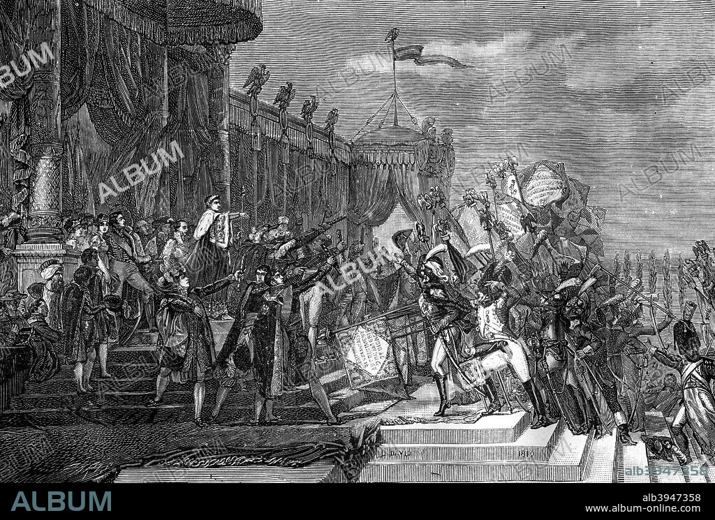 The distribution of the Eagle Standards, Paris, 5th December 1804 (1882-1884). In this ceremony, which took place three days after Napoleon's coronation as Emperor, he issued the regiments of the French Army with eagle standards similar to those carried by the legions of Rome, urging the troops to defend them with their lives. A print from La France et les Français à Travers les Siècles, Volume IV, F Roy editor, A Challamel, Saint-Antoine, 1882-1884.