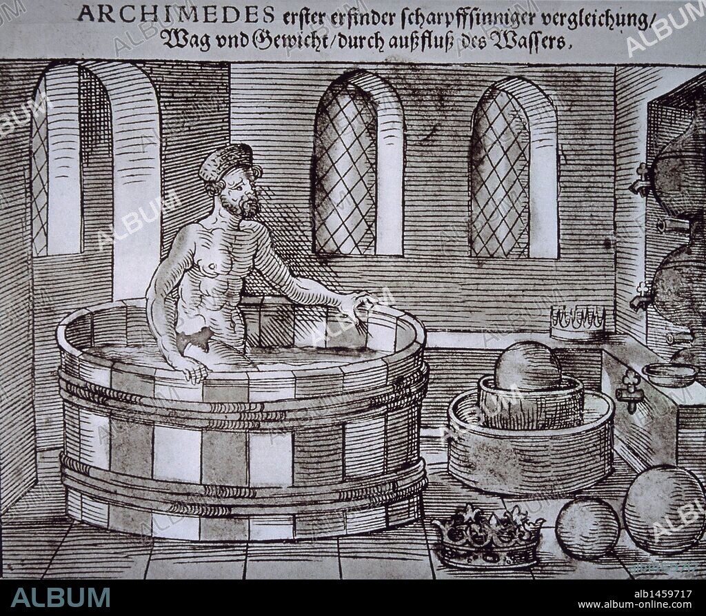 ARQUIMEDES , GEOMATA Y FISICO . SIRACUSA 257 - 212 AC , GRABADO RELACCIONADO CON EL DESCUBRIMIENTO DE SU FAMOSO PRINCIPIO .. GRABADO BIBLIOTECA NACIONAL . MADRID. SFGP / © KORPA.