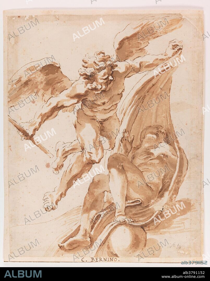 GIOVANNI BATTISTA GAULLI. Baciccia / 'Alegoría del Tiempo y la Verdad'. 1646 - 1647. Aguada parda, Pluma sobre papel verjurado, 257 x 206 mm.
