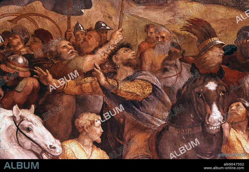 Detail from 'The Meeting of Leo the Great and Attila', 1514. Fresco in the Apostolic Palace, Vatican City, by the Italian Renaissance artist Raphael and his assistant Giulio Romano. The Meeting of Leo I and Attila is a fresco by the Italian Renaissance artist Raphael and his assistant Giulio Romano. It was painted in 1514 as part of Raphael's commission to decorate the rooms that are now known as the Stanze di Raffaello, in the Apostolic Palace in the Vatican. It is located in the Stanza di Eliodoro, which is named after The Expulsion of Heliodorus from the Temple. The painting depicts the meeting between the Pope Leo I and Attila the Hun, and includes the images of Saint Peter and Saint Paul in the sky bearing swords. Initially, Raphael depicted Leo I with the face of Pope Julius II but after Julius' death, Raphael changed the painting to resemble the new pope, Leo X.