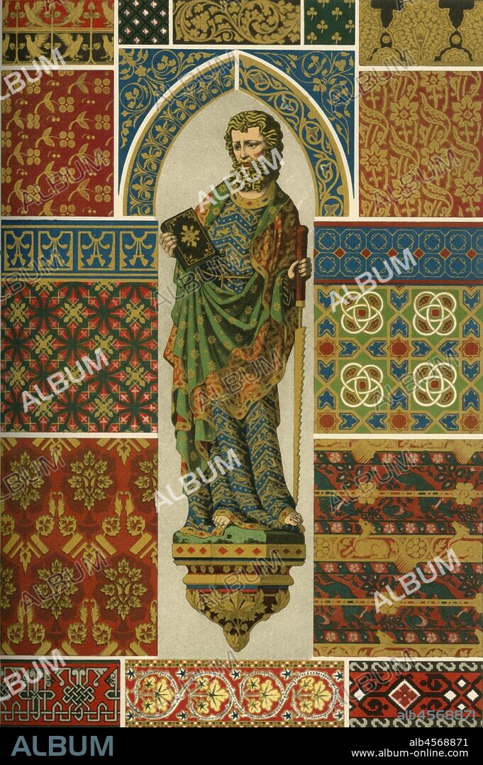 Medieval weaving, embroidery, enamel and painted sculpture, (1898). 'Fig 1: Statue of St. Simon in the choir of Cologne Cathedral. Fig 2: Pattern on the robe of another statue ibid. Fig 3: Embroidered fonder of French origin. 14th century. Fig 4: Embroidered stuff (in the original, silver is employed instead of gold), 15th century. Fig 5: Embroidered stuff, 14th century. Figs 6-9: Borders and patterns of carpets from the wall-paintings in the upper church S. Francesco at Assisi. 14th century. Fig 10: Pattern of a carpet from a tempera-painting of Niccolo Alunno (1466) in the pinacotheca at Perugia. Fig 11: Sicilian weaving from St. Mary's church at Danzig, 13th century. Fig 12: Border of a carpet on the painting of Hugo van der Goes in the Palazzo degli Uffizi at Florence, 15th century. Fig 13: Border of a carpet on a picture of [by?] Mantegna in S. Zeno at Verona, late 15th century. Fig 14: Border from an embroidered chasuble, 14th century (German work). Figs 15 and 16: Patterns of stuffs from the 14th century, of French origin. Fig 17: Gilt copper-engraving from the cross-relics-table in the catholic parish-church at Mettlach. Figs 18-20: Enamelled decorations on the shrine of the Three Kings in Cologne Cathedral, early 13th century. Fig 21: Enamelled border in the Musée de Cluny, early 13th century'. Plate 42 from "The Historic Styles of Ornament" translated from the German of H. Dolmetsch. [B.T. Batford, London, 1898].