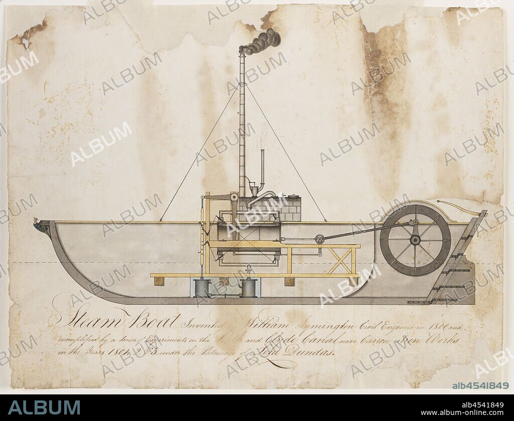 Engineering Drawing - William Symington, 'Charlotte Dundas', Steam Boat Invented for Lord Dundas, 1801-1803, Ink and water-colour technical drawing showing a longitudinal cross-sectional elevation of the fourth and final experimental paddlesteamer built under the direction of the Scottish engineer and inventor, William Symington, C.E.. The vessel depicted is the second of two steam-powered paddleboats designed by Symington for the Forth and Clyde Navigation Company at the instigation of Lord Dundas (Sir.