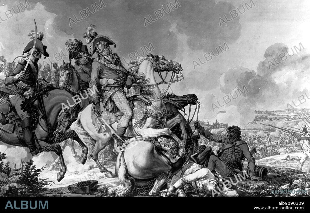 The death of General Desaix at the Battle of Marengo, 14 June 1800, while leading the counter-attack that saved Bonaparte from defeat. Wash painting by Jacques Francois Fontaine called Swebach. Copyright Reserved.