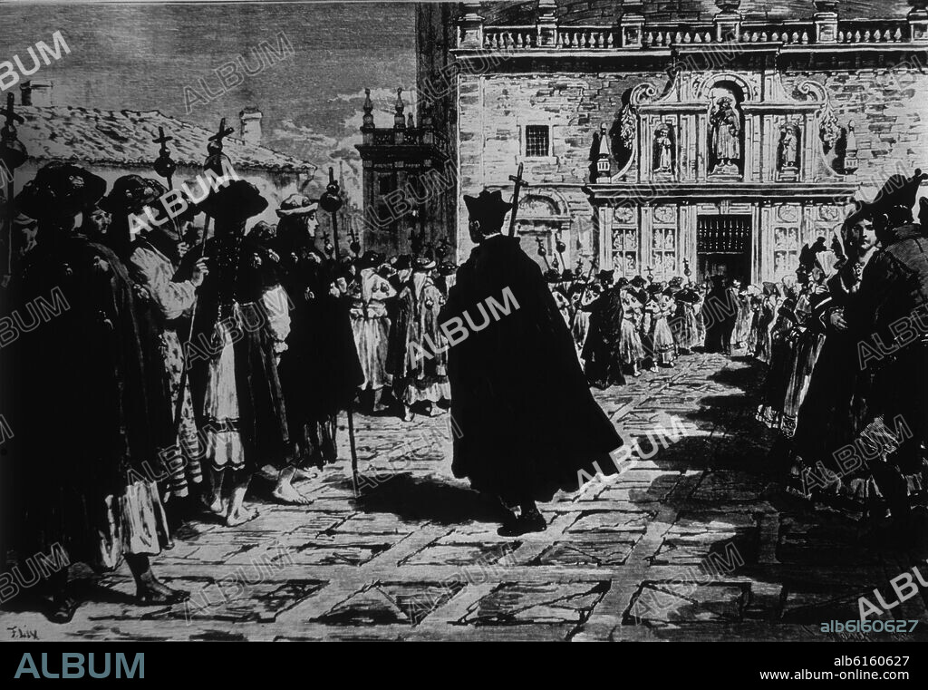 VICENTE URRABIETA ORTIZ (?-1879). PEREGRINOS FRENTE A LA PUERTA SANTA DE COMPOSTELA - LITOGRAFIA - 1880.