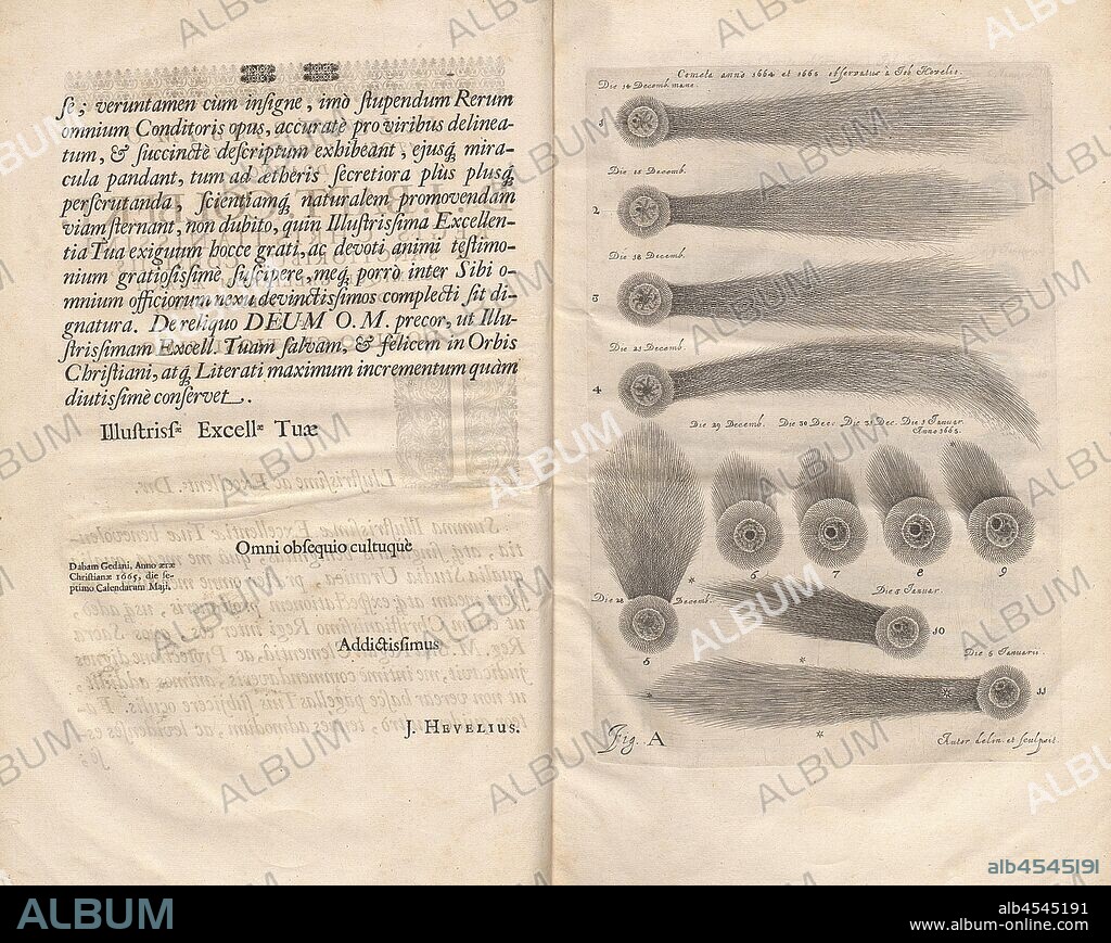 A comet observed in 1664 and 1665 by Jack. Hevelio, Illustration of different comets spotted in the years 1664 & 1665; signed: author delin., et sculpsit, Fig. A, before p. 1, Hevelius, Jan (del. et sculp.), 1665, Johannes Hevelius: Johannis Hevelii Prodromus Cometicus, quo historia, cometae anno 1664 exorti cursum [...] diversas capitis ac caudae accuratè delineatas complectens; nec non dissertatio, de cometarum omnium motu, generatione variisquè phaenomenis. Gedani: Simon Reiniger, 1666.