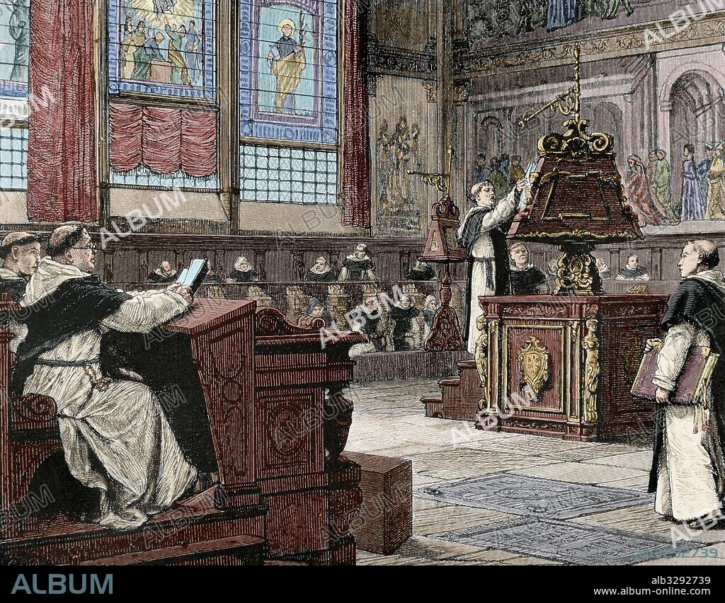 Dominican monks in the choir of the Basilica of Santa Maria Novella. Florence, Italy. Engraving, 19th century. Colored.