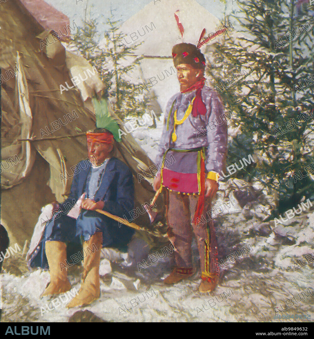 Stereoscope 1898 T.W. Ingersoll. A hand coloured photograph. Jake Nahnami, old Sioux Chief ( Walking Stones ) and Jukawcauhdisca. American Indians outside Teepee.