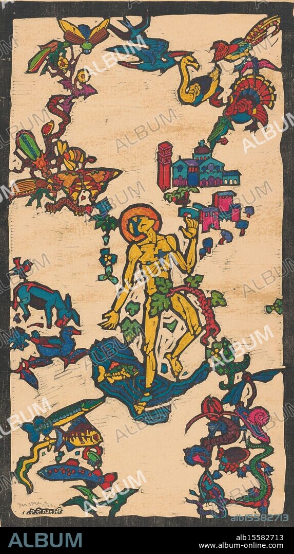 St. Francis (original title on object), Saint Francis of Assisi, standing in the water, surrounded by animals., print, print maker: Reijer Stolk, (signed by artist), 1926, paper, height, 568 mm × width, 363 mm.