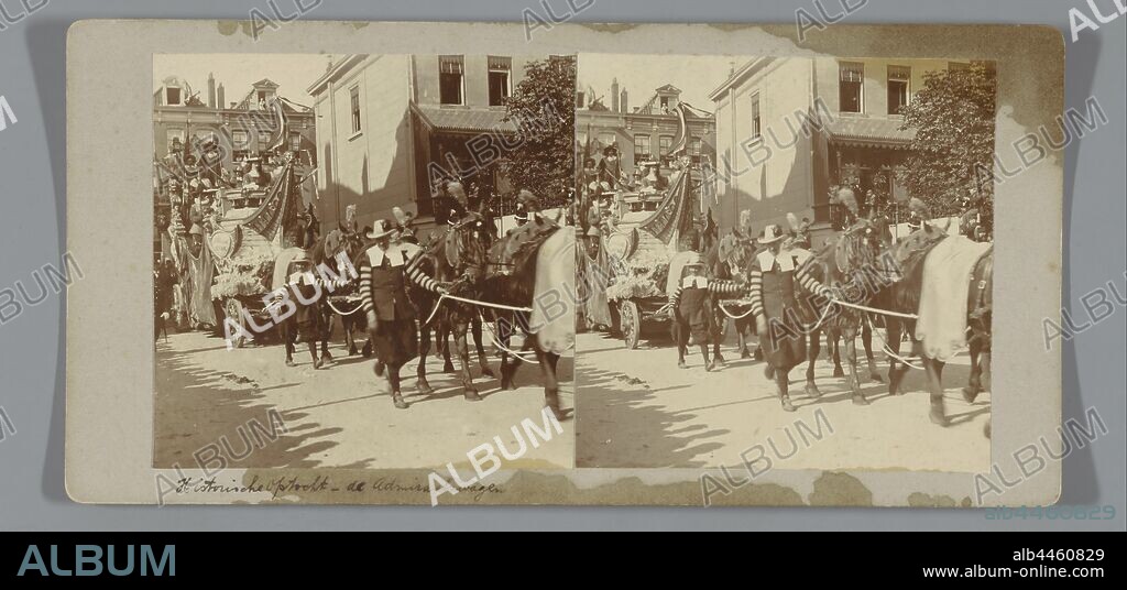 Admiral car of the historical and allegorical procession, on the occasion of the inauguration of Queen Wilhelmina, Amsterdam, The Netherlands, Netherlands, Wilhelmina (Queen of the Netherlands), Cornelis Johannes Lodewicus Vermeulen, anonymous, 1898, paper, photographic paper, cardboard, h 76 mm × w 151 mm.