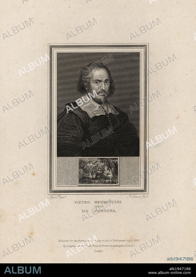 Self portrait of Pietro Berrettini or Da Cortona (1596-1669), Italian history and landscape artist.. Steel engraving by John Corner from "Portraits of Celebrated Painters with Medallions from their Best Performances" 1825.