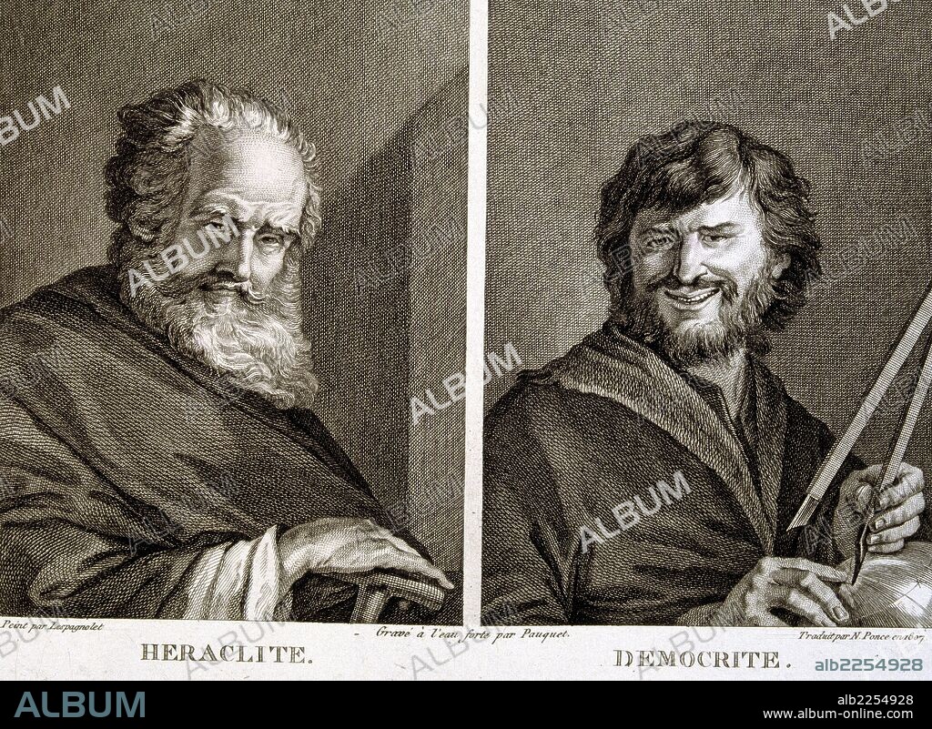HERACLITO.- DEMOCRITO. FILOSOFOS GRIEGOS. GRABADO BIBLIOTECA NACIONAL. MADRID.