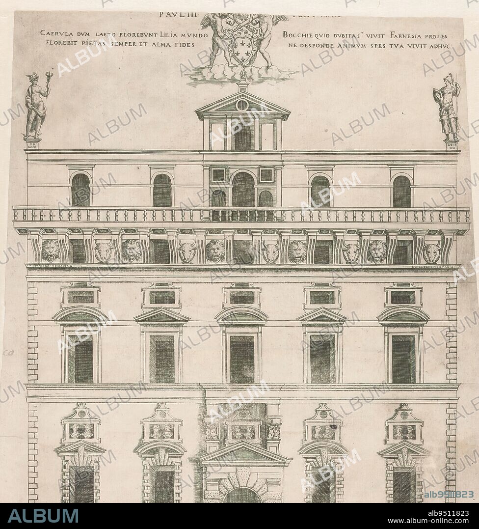 Façade of Palazzo Bocchi at Bologna, Façade of palazzo of Achille Bocchi in Bologna. With balustrade with lion heads and bucraniums. At top left and right of facade are statues of Mercury and Minerva. At the top a two-line Latin text., print maker: Giulio Bonasone, (possibly), after design by: Giacomo Barozzi Vignola, Italy, 1545 - 1555, paper, engraving, height 341 mm × width 344 mm.