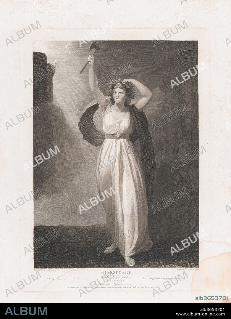 Cassandra Raving (Shakespeare, Troilus and Cressida, Act 2, Scene 2). Artist: after George Romney (British, Beckside, Lancashire 1734-1802 Kendal, Cumbria). Dimensions: Plate: 22 9/16 × 16 1/16 in. (57.3 × 40.8 cm)
Sheet: 27 13/16 × 21 15/16 in. (70.7 × 55.8 cm). Engraver: Francis Legat (British, Edinburgh 1755-1809 London). Publisher: John & Josiah Boydell (British, 1786-1804). Series/Portfolio: Boydell's Shakespeare Gallery. Subject: William Shakespeare (British, Stratford-upon-Avon 1564-1616 Stratford-upon-Avon). Date: 1795.
Holding an axe, Cassandra laments the fall of Troy, which already burns behind her. Lines below read, "Cry, Trojans, cry; lend me ten thousand eyes, And I will fill them with prophetic tears." Romney created the composition for John Boydell's Shakespeare Gallery, launched in 1786 as a publishing-cum-exhibition scheme that included a new illustrated edition of the plays, sets of large and small engravings, and a gallery on London's Pall Mall where the related paintings were displayed. The latter opened in 1789 with thirty-four works, then grew to contain about one hundred and seventy before financial difficulties, caused by the extended Napoleonic blocade of European ports, forced Boydell to declare bankruptcy, and sell his collection by lottery in 1805.