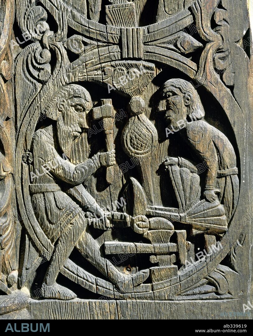 Nordic saga or legend of Siegfried or Sigurd forging of sword on anvil by smith Regin, XIIth century. Wood panel.