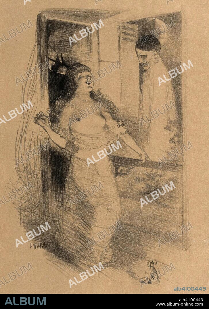 ADOLPHE WILLETTE. Hanged Pierrot (Pierrot pendu). Dimensions: 46.6 cm x 29.5 cm, 28 cm x 18.5 cm.