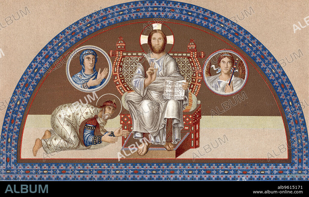 Christ enthroned, 9th century. On the left, Leo VI, the Philosopher (865-911), Byzantine Emperor from 886, kneels at the Saviour's feet. Chromolithograph after a 9th century mosaic in the cathedral of Hagia Sophia, Constantinople.