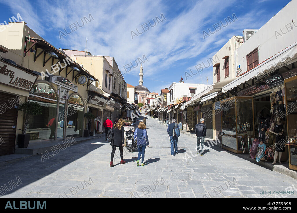 Street leading up to the Suleymaniye Mosque, the Medieval Old Town, UNESCO World Heritage Site, City of Rhodes, Rhodes, Dodecanese Islands, Greek Islands, Greece, Europe.