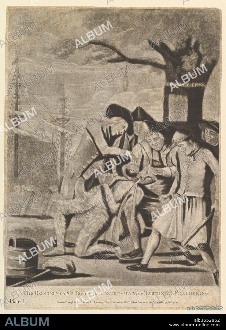 The Bostonians Paying the Excise-Man, or Tarring & Feathering. Artist: Attributed to Philip Dawe (British, 1745?-?1809). Dimensions: sheet: 14 x 10 1/8 in. (35.6 x 25.7 cm). Publisher: R. Sayer and J. Bennett (London). Date: October 31, 1774.
This pre-American Revolution satire published in London shows John Malcolm, British customs agent in Massachusetts, tarred, feathered, and forced to drink tea. The event of January 24, 1774 occurred soon after the Boston Tea party of December 16, 1773 where colonists famously dumped imported tea into the harbor to protest a tax levied by the British Parliament. This is the earliest known representation of the later event with strong tonal contrasts and broad details produced by a worn printing plate.