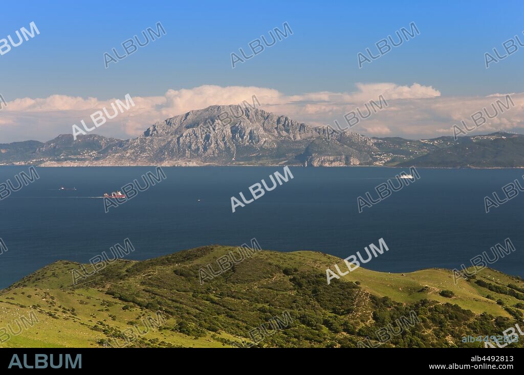 The Strait of Gibraltar and the African coast of Morocco, Tarifa, Cadiz province, Region of Andalusia, Spain, Europe.