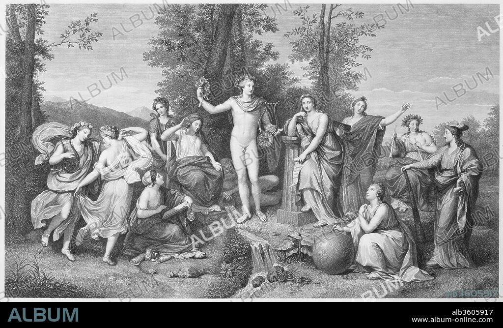 Apollo and the Muses on Parnassus. Artist: After Anton Raphael Mengs (German, Ústi nad Labem (Aussig) 1728-1779 Rome); Raphael Morghen (Italian, Naples 1758-1833 Florence). Dimensions: Sheet: 24 15/16 × 35 1/16 in. (63.4 × 89 cm)
Plate: 19 11/16 × 29 15/16 in. (50 × 76 cm). Date: 1784.
One of the most significant commissions of the eighteenth century was the Parnassus painted by Mengs in 1761 for the Villa Albani, Rome, and hailed as a manifesto of the new style of Neoclassicism. The carefully differentiated Muses, accompanied by their mother, Mnemosyne, derive from ancient sculpture, while the setting, a small grove of laurels in which the Muses are grouped around their leader, harks back to Raphael's fresco in the Vatican.
Morghen was one of the most admired of the technically accomplished printmakers whose reproductions of famous paintings were enormously prized at the end of the eighteenth century.