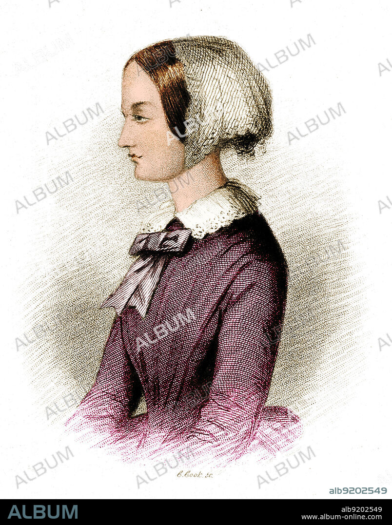 Florence Nightingale (1820-1910) was a British nurse, humanitarian, and hospital reformer who transformed nursing and wrote the first definitive textbook on the subject. She was director of nursing operations on the front during the Crimean War, where her efforts to improve sanitation in military hospitals drastically reduced the mortality rate. Stipple engraving by C. Cook, circa 1854. Colorized.