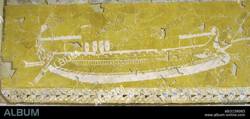 Arte griego. Fragmento de una pared de un santuario con policromía y graffiti. Yeso, pintura. Primera mitad del sigl III a. C. Ninfeo (Nymphaeum) importante centro comercial del Reino del Bósforo, Estrecho de Kerch, Crimea. Museo del Hermitage (The State Hermitage Museum). San Petersburgo. Rusia.